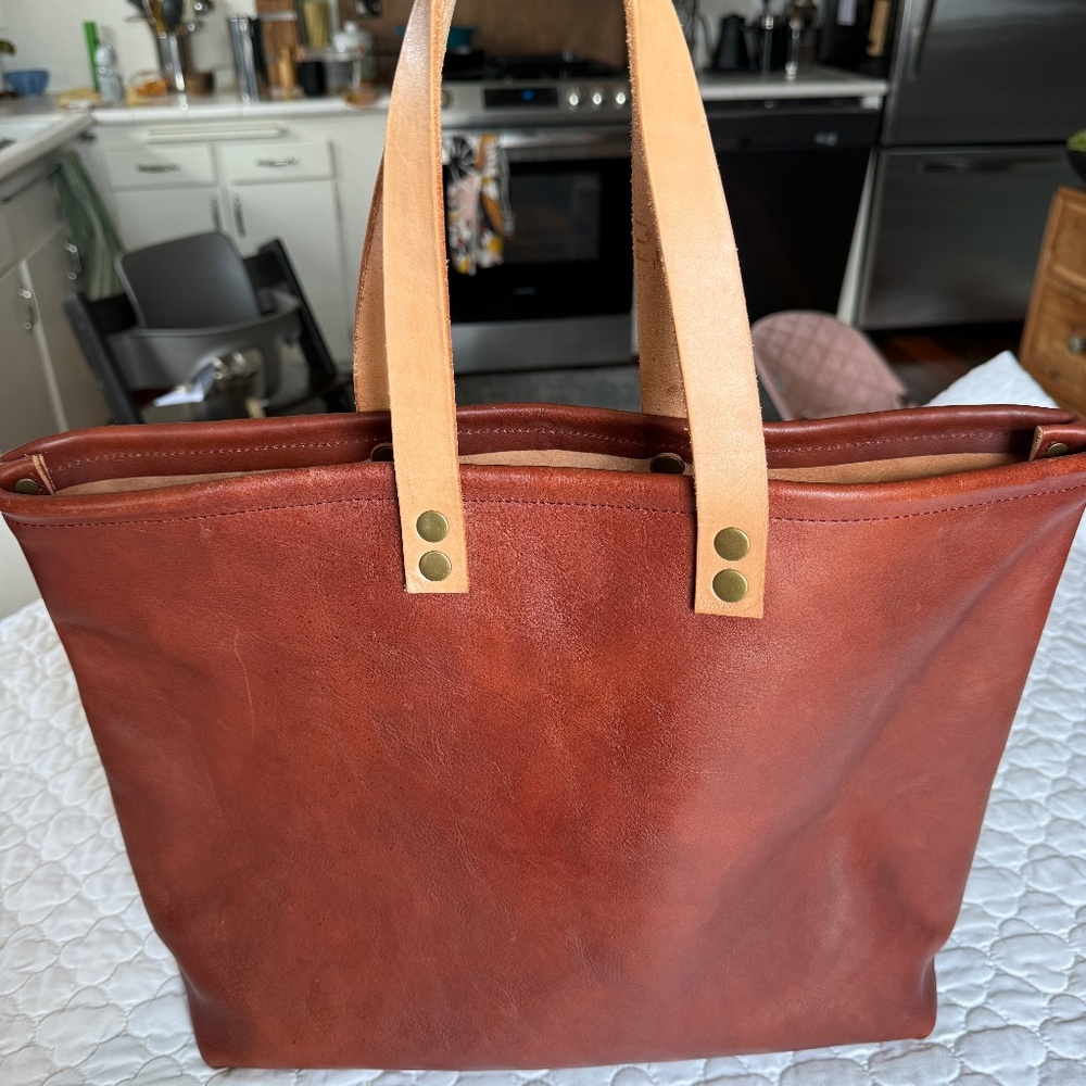 Handmade Thick Leather Tote 18" x 13" x 4" - Picture 4 of 7